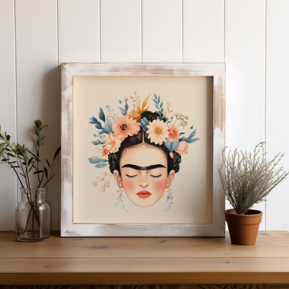 Frida Kahlo Fine Art Print, Frida Portrait - Floral Boho Artwork Wall Decor
